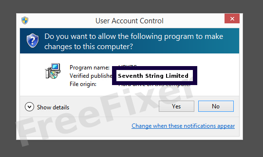 Screenshot where Seventh String Limited appears as the verified publisher in the UAC dialog